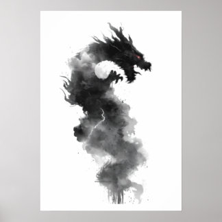 Abstract Black Ink Smoke Dragon Fantasy Poster