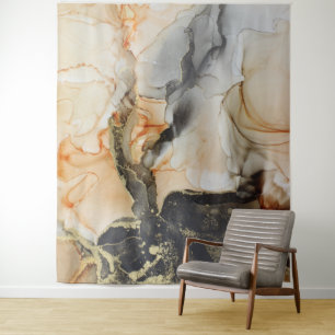 Abstract Black Peach Orange Grey Gold Art Tapestry