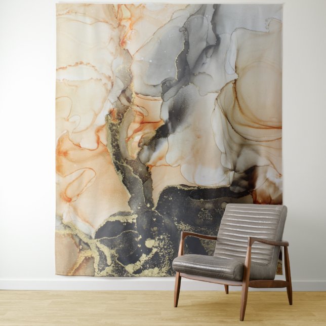 Abstract Black Peach Orange Grey Gold Art  Tapestry (In Situ)