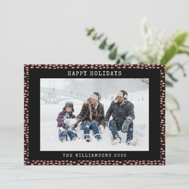 Abstract Black Pink Dot Personalized Photo Holiday Card (Standing Front)
