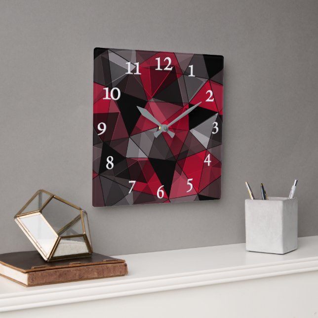 Abstract Black, red, grey geometric. Square Wall Clock (Office)