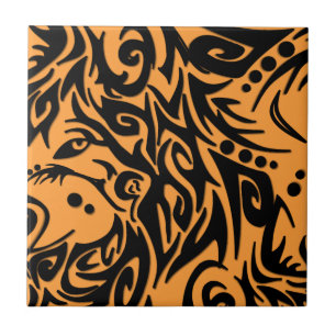 Abstract Black Tribal Design on Orange Tile