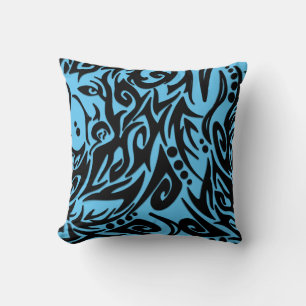 Abstract Black Tribal Design Solid Blue on Back Throw Pillow