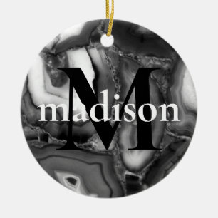 Abstract Black White agates geode monogram script  Ceramic Ornament