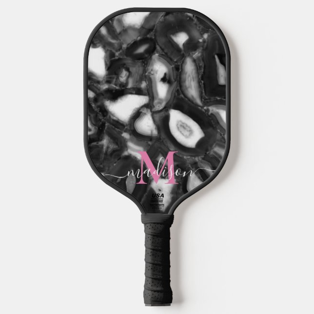 Abstract Black White agates geode monogram script  Pickleball Paddle (Front)