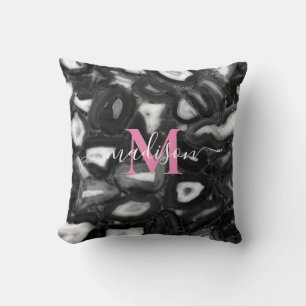 Abstract Black White agates geode monogram script Throw Pillow