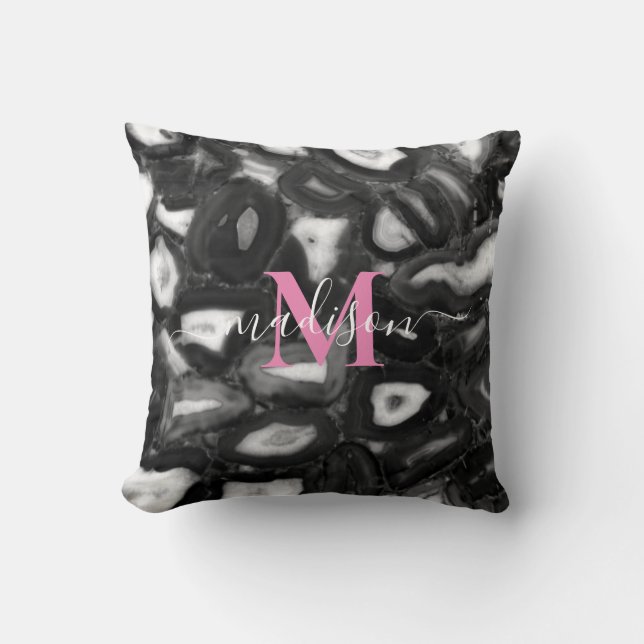 Abstract Black White agates geode monogram script  Throw Pillow (Front)