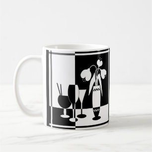 Abstract black white flowers vase wineglass monoch coffee mug
