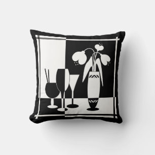 Abstract black white flowers vase wineglass monoch throw pillow