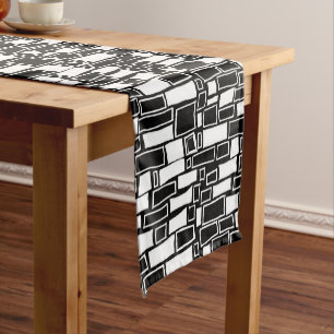 Abstract Black White Geometric Tiles Short Table Runner