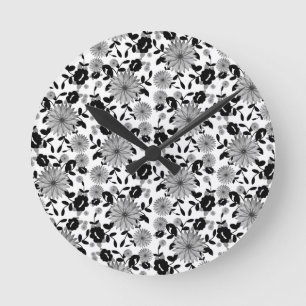 Abstract Black White Grey Florals Design Round Clock
