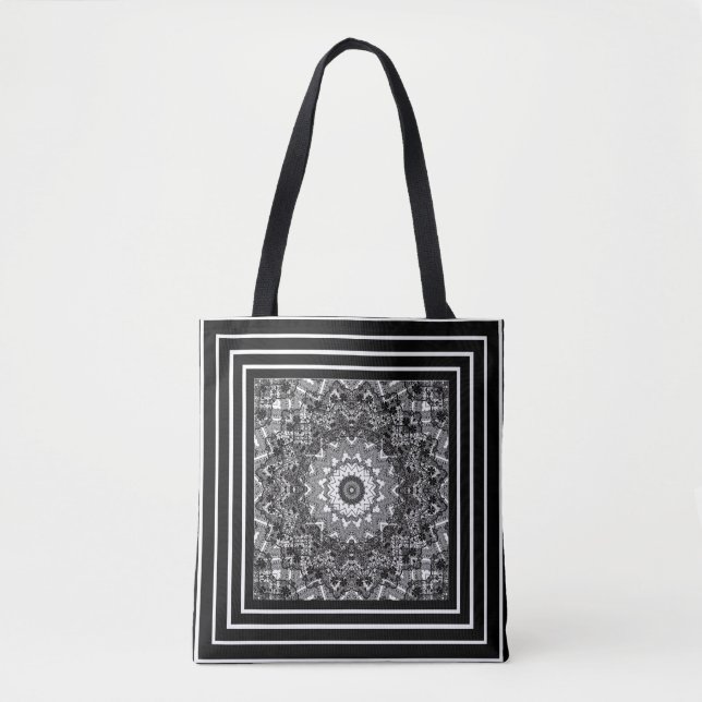 Abstract , black , white , openwork, lace tote bag (Front)