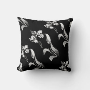 Abstract black white shine flowers on black throw pillow
