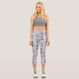 Abstract black white shine flowers on silver capri leggings