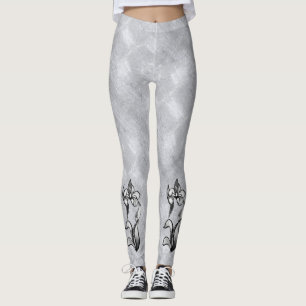 Abstract black white shine flowers on silver leggings