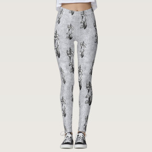 Abstract black white shine flowers on silver leggings