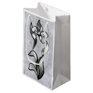 Abstract black white shine flowers on silver paper small gift bag