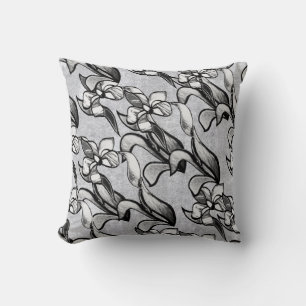 Abstract black white shine flowers on silver throw pillow