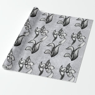 Abstract black white shine flowers on silver wrapping paper