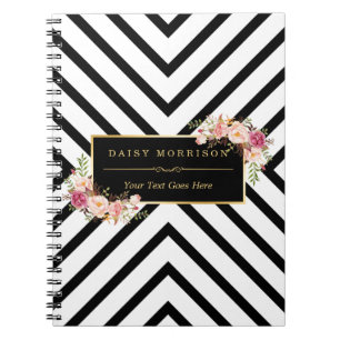 Abstract Black White Stripes and Floral Gold Frame Notebook