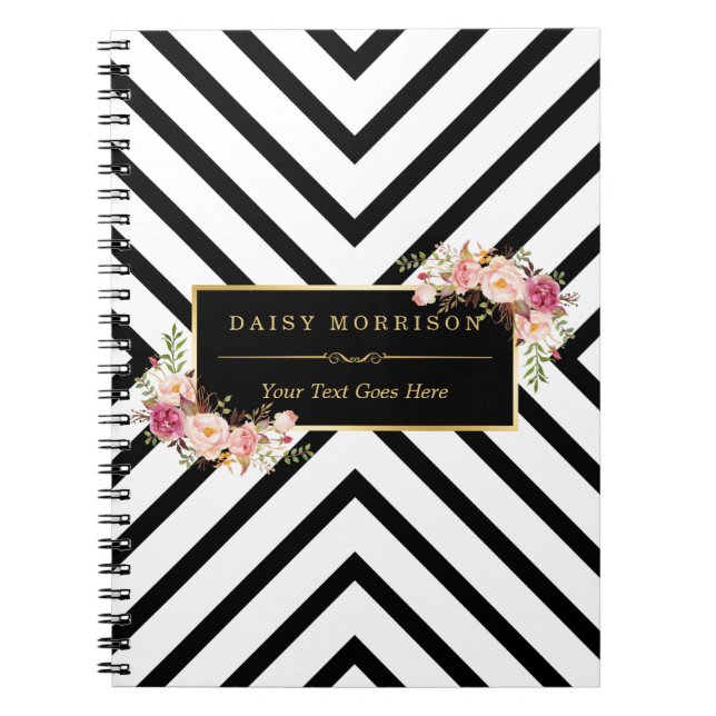 Abstract Black White Stripes and Floral Gold Frame Notebook (Front)