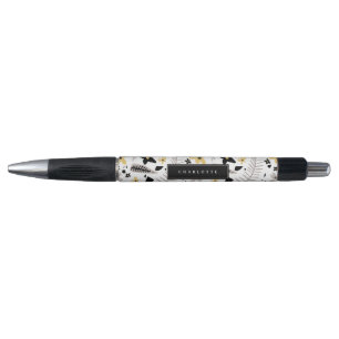 Abstract Black Yellow Grey Floral Custom Name Pen