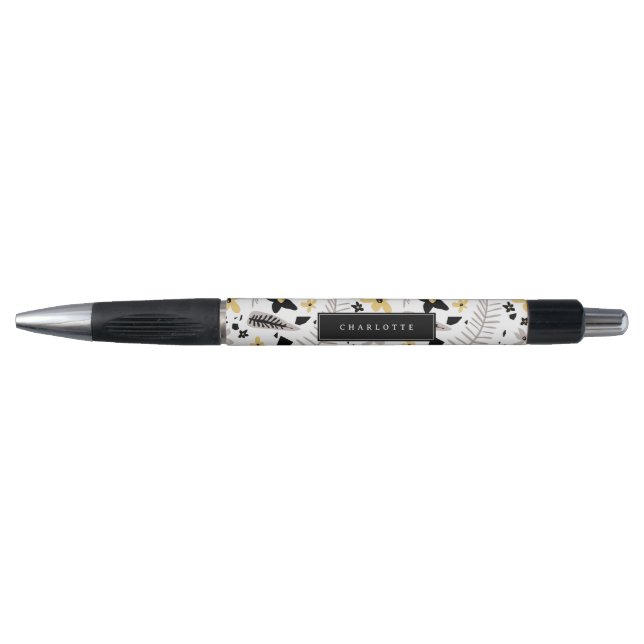 Abstract Black Yellow Grey Floral Custom Name Pen (Front)