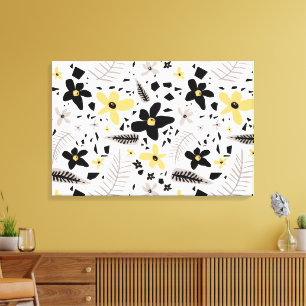 Abstract Black Yellow Grey Floral Pattern Canvas Print