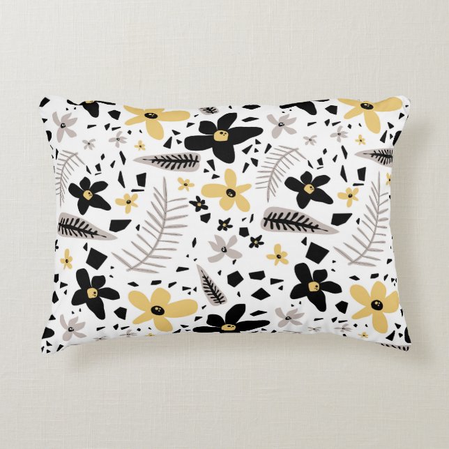 Abstract Black Yellow Grey Seamless Floral Pattern Accent Pillow (Front)