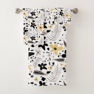 Abstract Black Yellow Grey Seamless Floral Pattern Bath Towel Set
