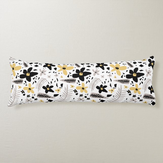 Abstract Black Yellow Grey Seamless Floral Pattern Body Pillow (Front)