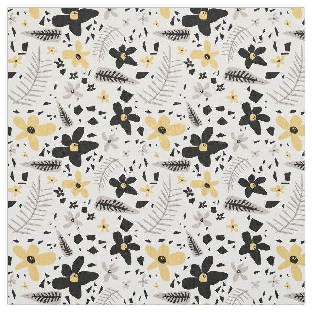 Abstract Black Yellow Grey Seamless Floral Pattern Fabric (Swatch)
