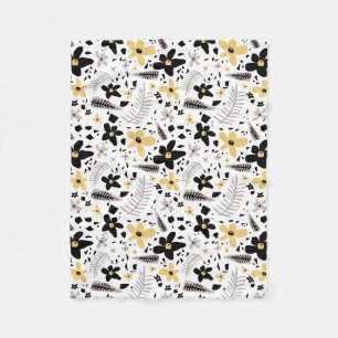 Abstract Black Yellow Grey Seamless Floral Pattern Fleece Blanket
