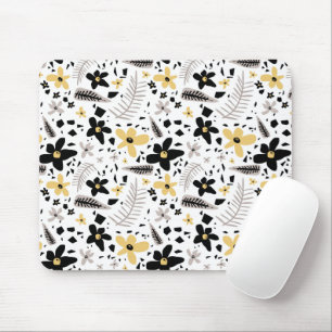 Abstract Black Yellow Grey Seamless Floral Pattern Mouse Pad