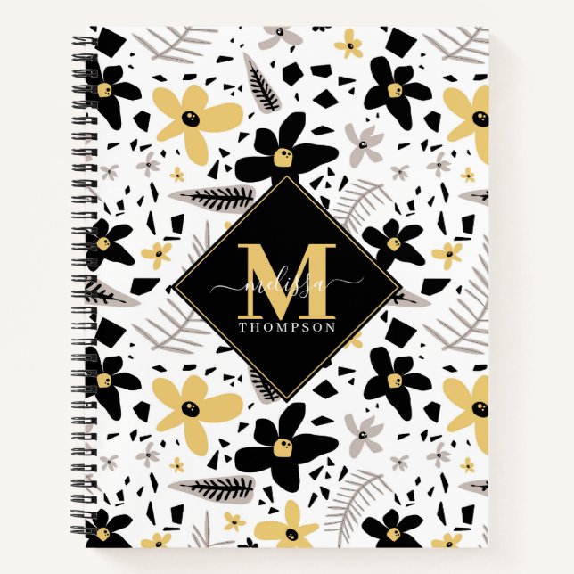Abstract Black Yellow Grey Seamless Floral Pattern Notebook (Front)