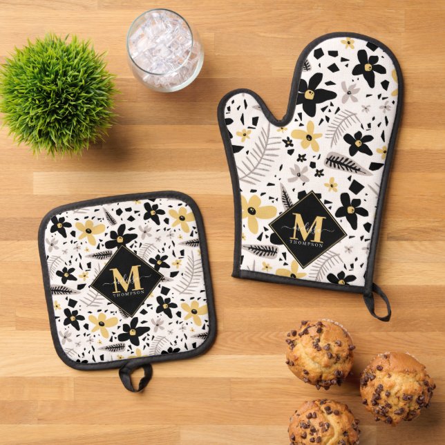 Abstract Black Yellow Grey Seamless Floral Pattern Oven Mitt & Pot Holder Set (Top Down)
