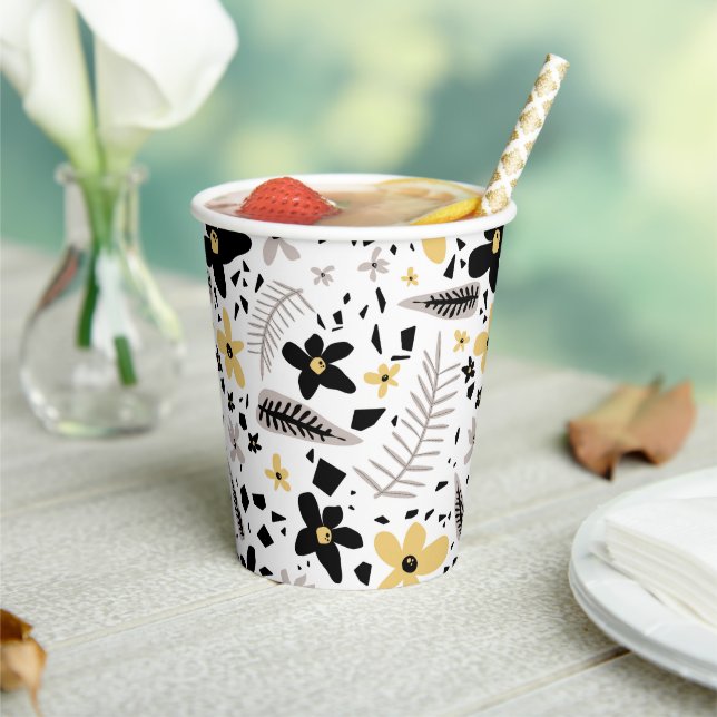 Abstract Black Yellow Grey Seamless Floral Pattern Paper Cups (Insitu)