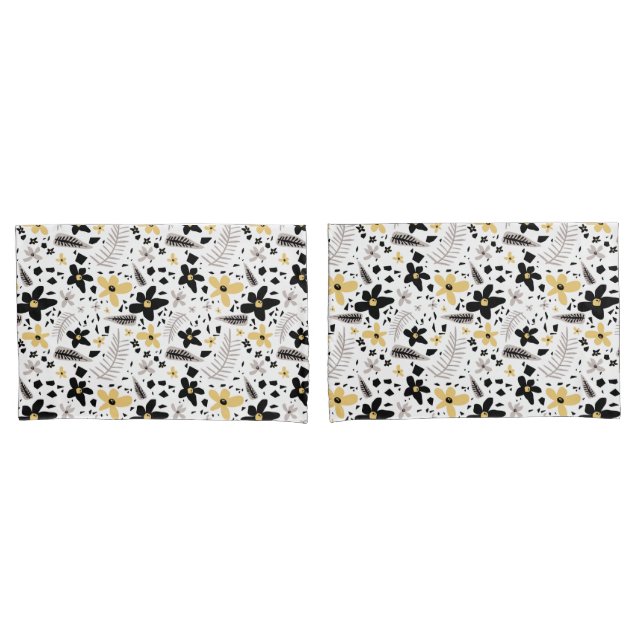 Abstract Black Yellow Grey Seamless Floral Pattern Pillowcase (Front-Set)