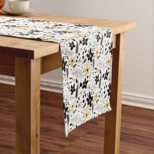 Abstract Black Yellow Grey Seamless Floral Pattern Short Table Runner