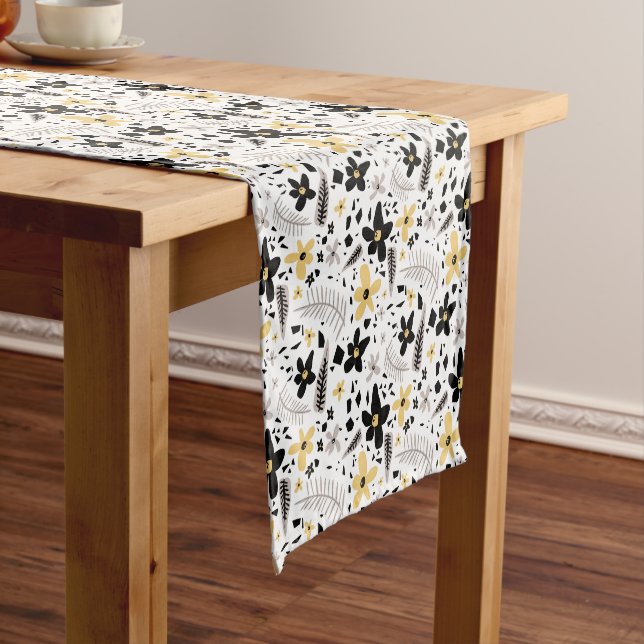 Abstract Black Yellow Grey Seamless Floral Pattern Short Table Runner (In Situ)