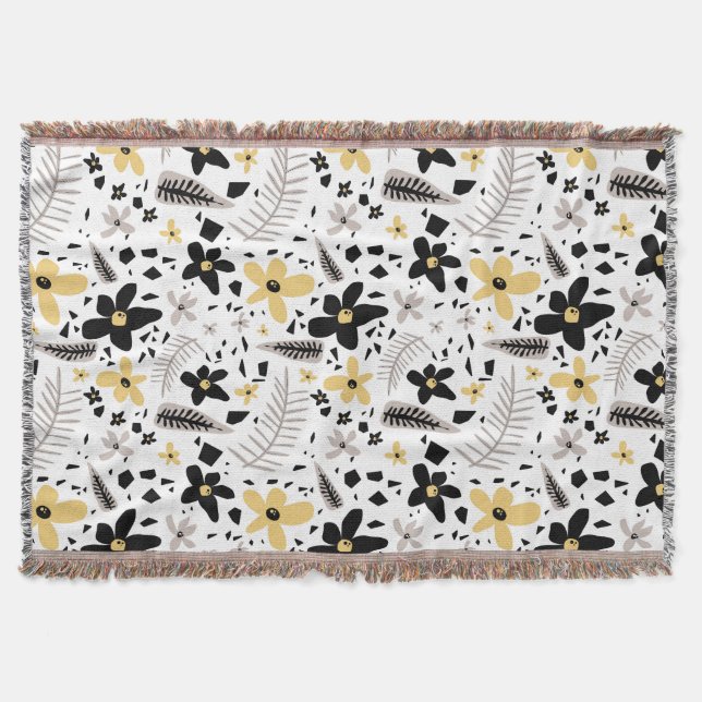 Abstract Black Yellow Grey Seamless Floral Pattern Throw Blanket (Front)