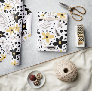 Abstract Black Yellow Grey Seamless Floral Pattern Wrapping Paper