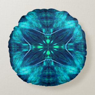 Abstract Bloom Aqua and Blue Fractal Design Round Pillow