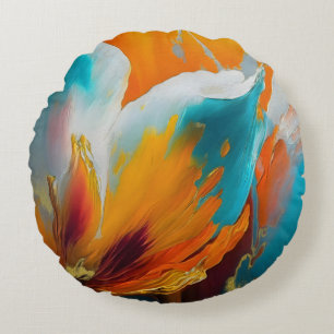 Abstract Bloom in Orange and Teal Round Pillow