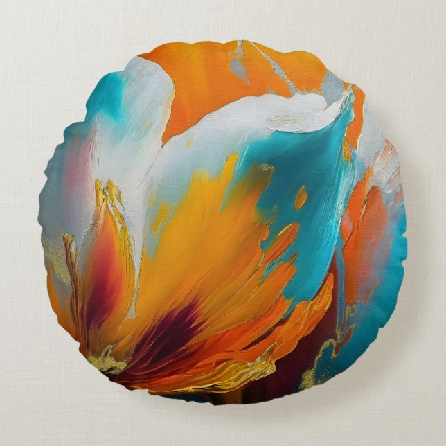 Abstract Bloom in Orange and Teal Round Pillow (Front)