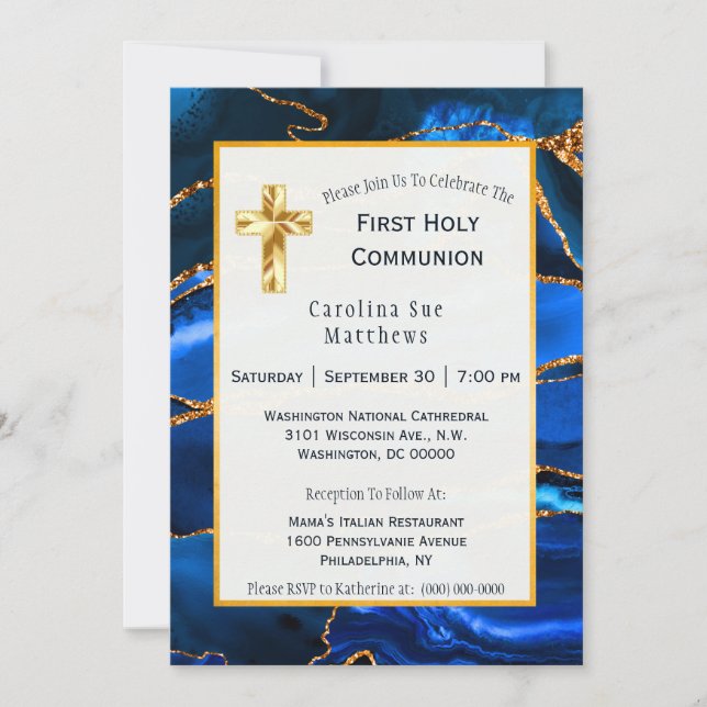 Abstract Blue Agate Watercolor Communion Invitation (Front)