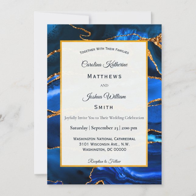 Abstract Blue Agate Watercolor Wedding Invitation (Front)