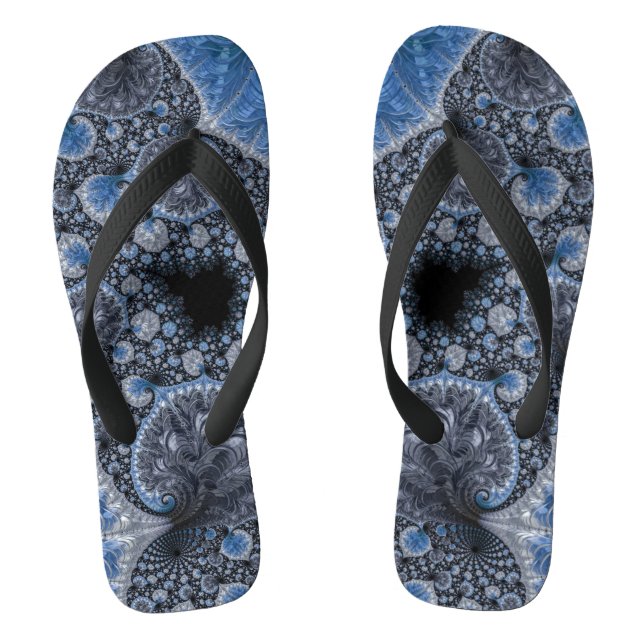 Abstract Blue and Black Intricate Fractal Flip Flops (Footbed)