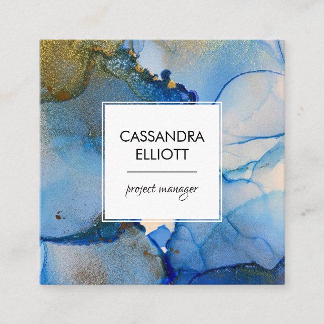 Abstract Blue and Gold Alcohol Ink Liquid Art Square Business Card (Front)