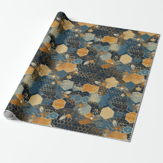 Abstract Blue And Gold Honeycomb Beehive  Wrapping Paper